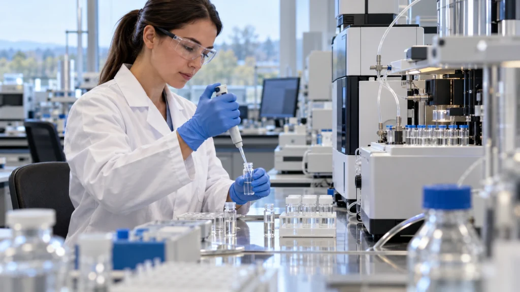 Lab analyst preparing water samples for low-level analysis