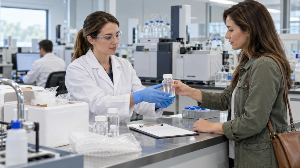 Handing a well water sample to the lab with chain of custody