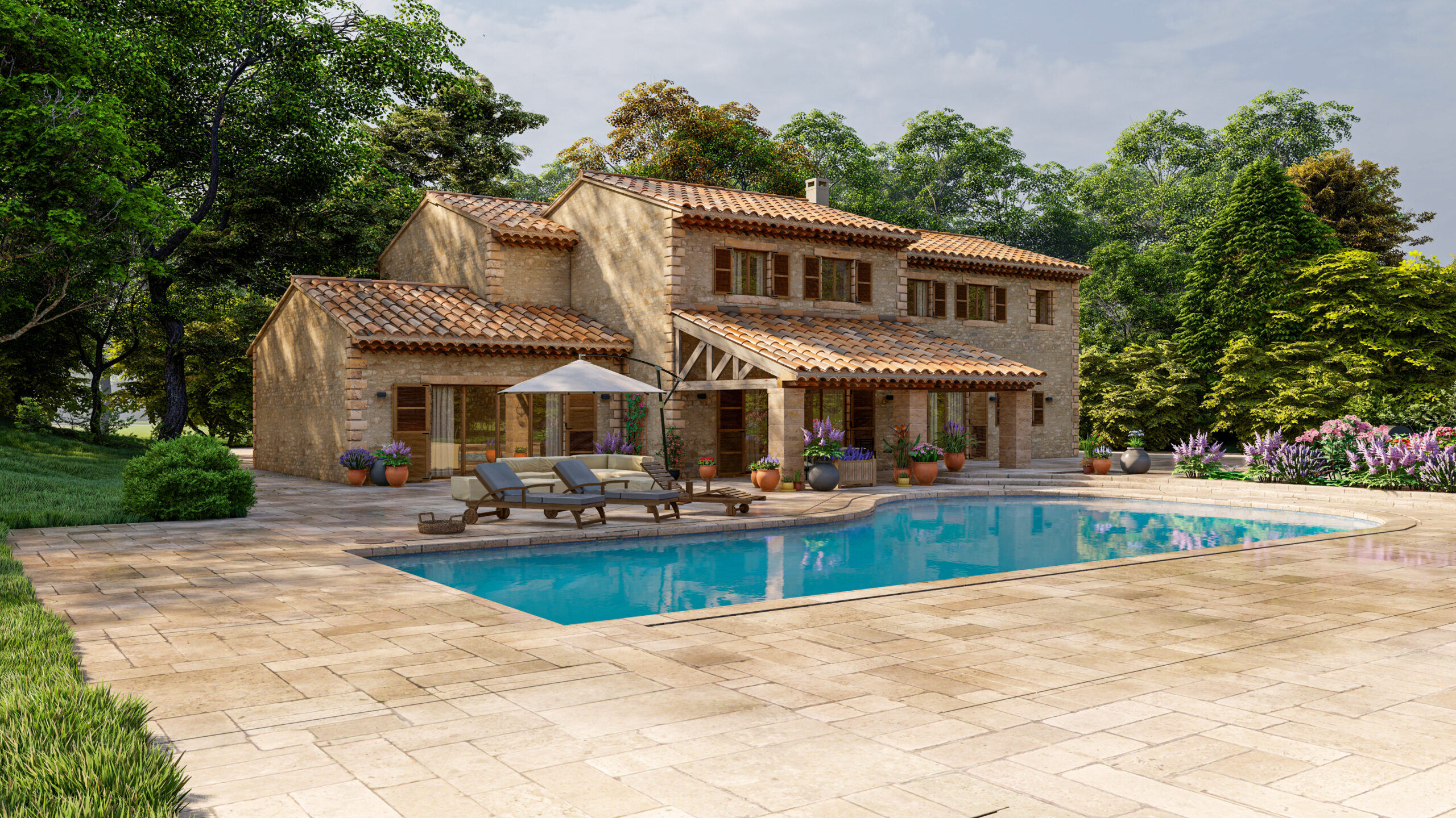 A Mediterranean-style villa with a pool and garden.