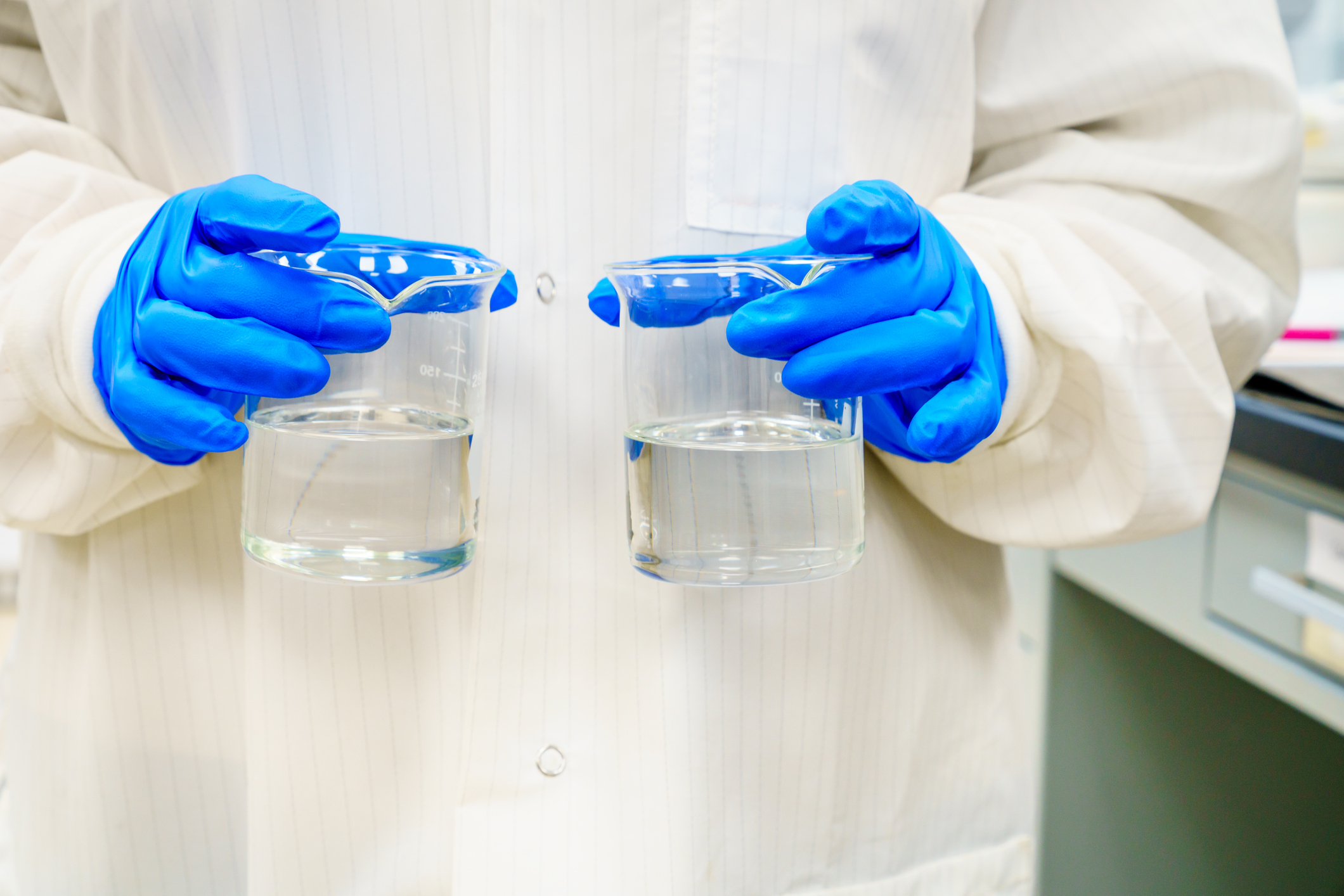 A sample of clear liquid in a laboratory setting.