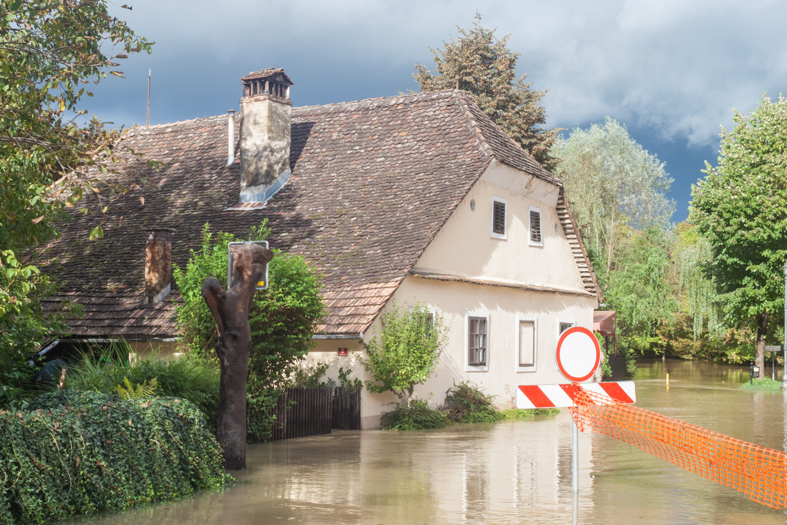 A street submerged in floodwater.